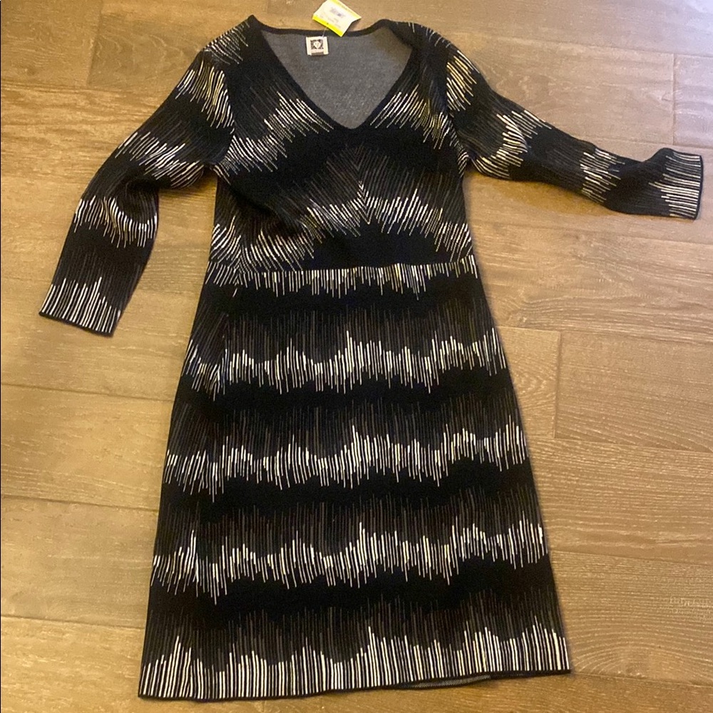 NWT Anne Klein Black Gray White Smoke Combo Knit Sweater Work Winter Dress M